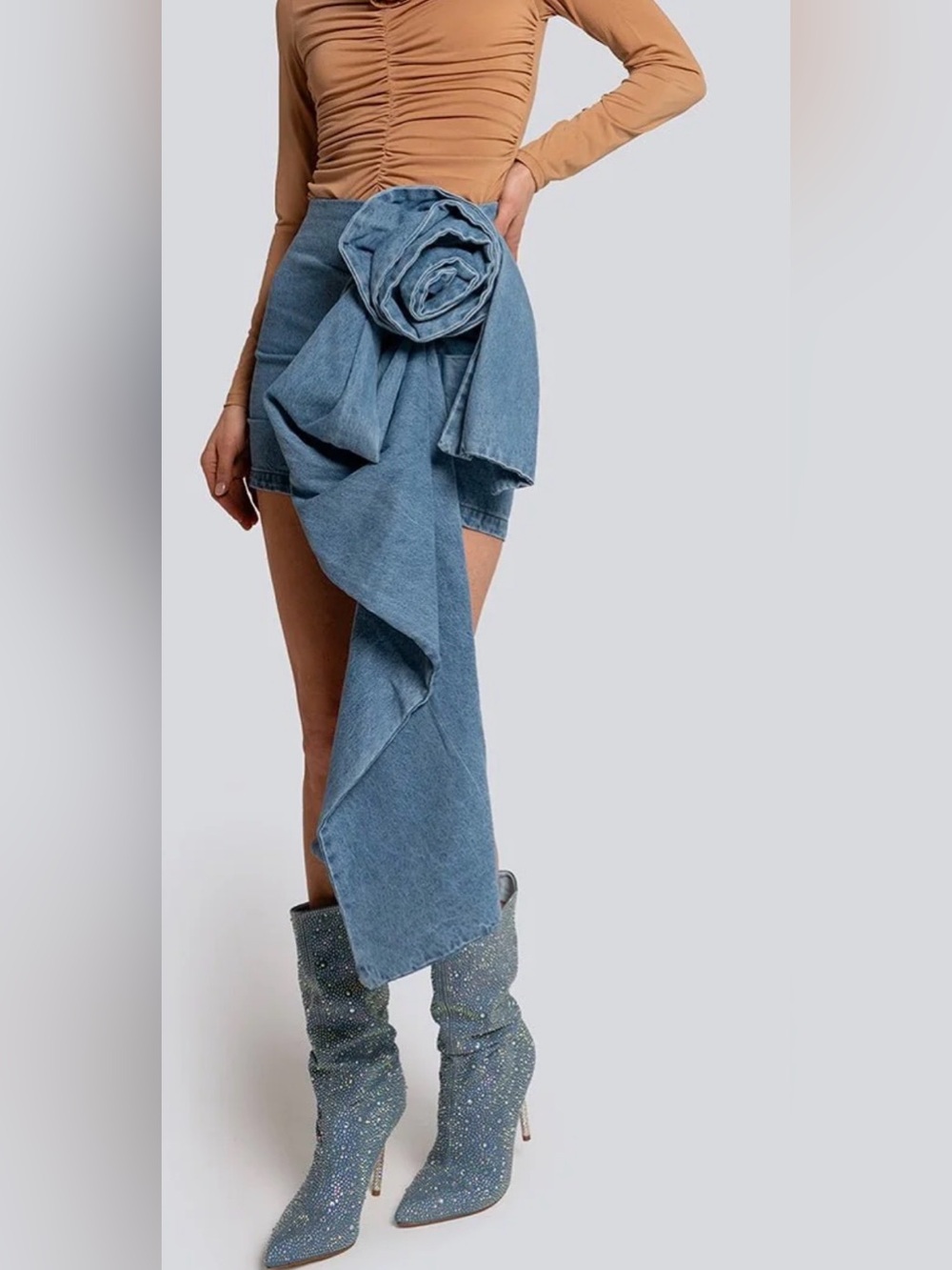 (NWOT) INA Blue Denim Mini Skirt with Draped Rosette Detail